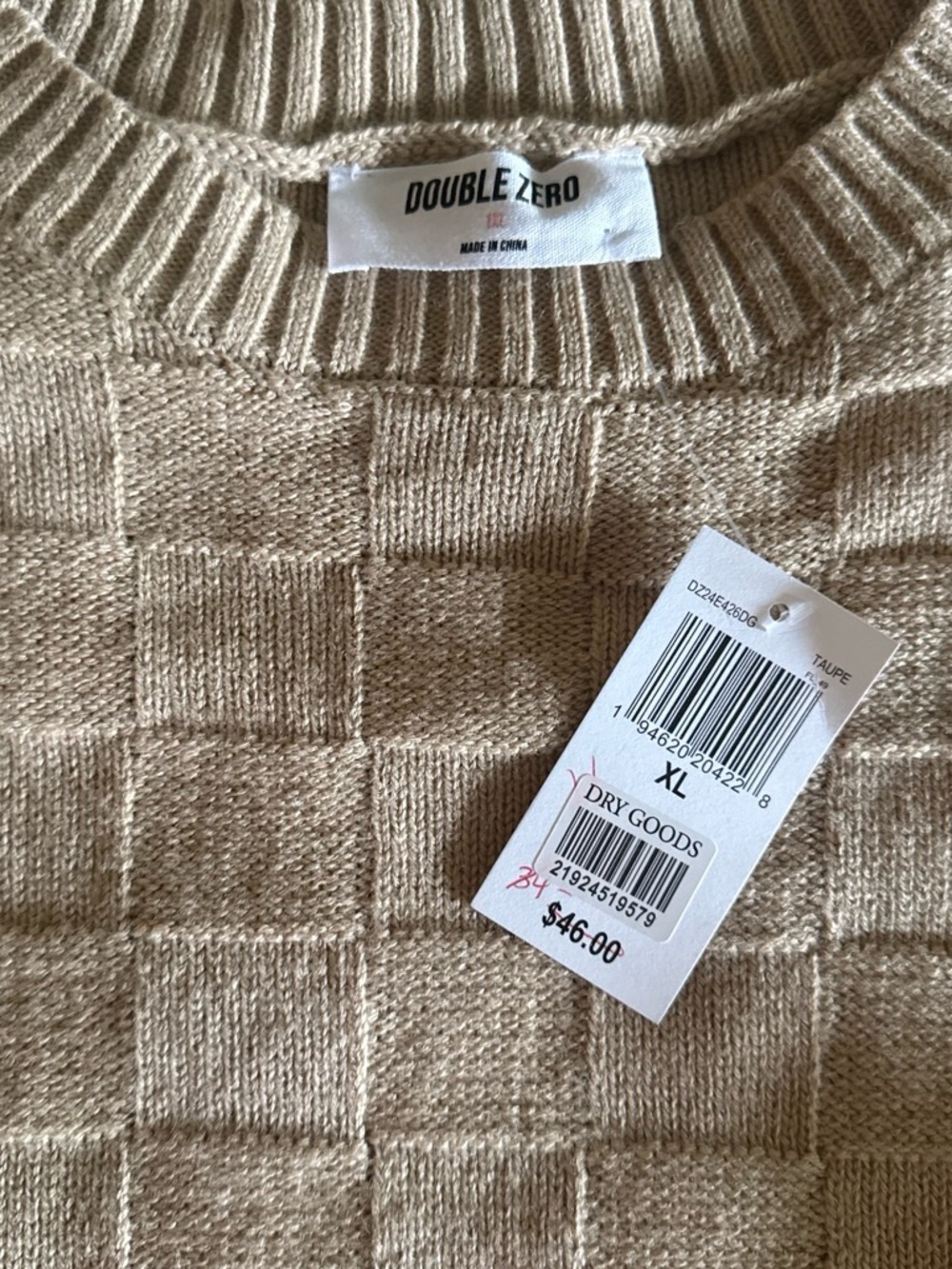 Double Zero Taupe Check-Texture Crewneck Sweater